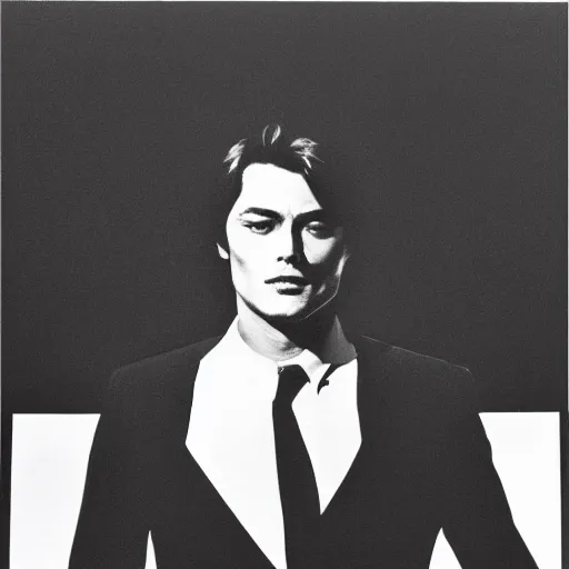 Image similar to stunning symmetrical portrait of alain delon in front of a tall moog synthesizer, high contrast grainy blank and white photography print ilford warm tone, huge modular synthesizer!!!!!!!