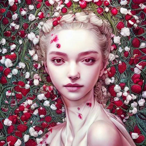 Image similar to the portrait of an absurdly beautiful, graceful, elegant, sophisticated, fashionable young woman made of strawberries and white petals looking down, an ultrafine hyperdetailed illustration by kim jung gi, irakli nadar, intricate linework, bright colors, octopath traveler, final fantasy, unreal engine 5 highly rendered, global illumination, radiant light, detailed and intricate environment