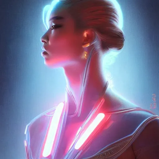 Image similar to portrait of asian female humanoid, intricate, elegant, cyber neon lights, highly detailed, digital illustration, trending in artstation, trending in pinterest, glamor pose, concept art, smooth, sharp focus, art by artgerm and greg rutkowski