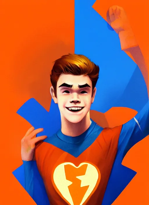 Image similar to friendly teenage archie andrews wearing an orange superhero costume with heart logo, freckles, superhero costume, heart emblem on chest, cape, intricate, elegant, glowing lights, highly detailed, digital painting, artstation, sharp focus, illustration, art by wlop, mars ravelo and greg rutkowski