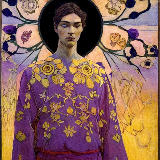 Image similar to the flower prince, by Annie Swynnerton and Nicholas Roerich , embroidered robes, floral tattoos, bioluminescent, elaborate costume, geometric ornament, symbolist, soft colors, dramatic lighting, smooth, sharp focus, extremely detailed