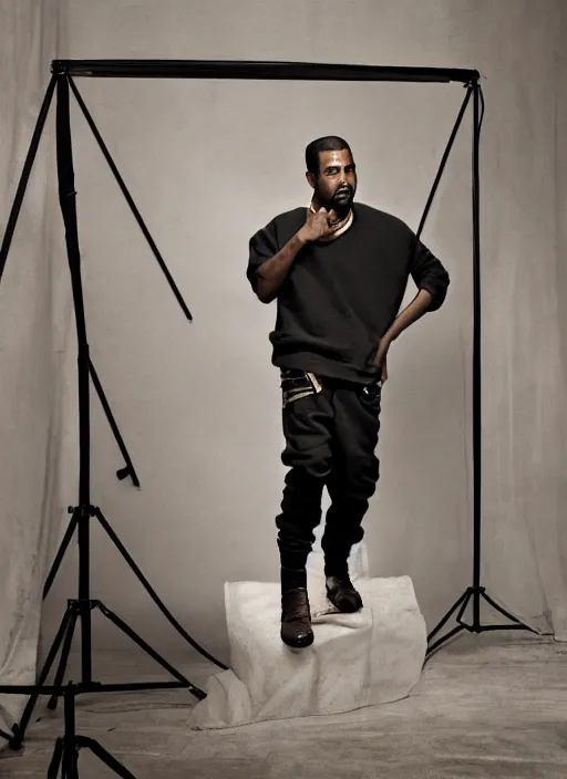 Prompt: kanye west photoshoot, annie leibovitz, posing, style, vogue magazine, highly realistic. high resolution. highly detailed. dramatic. 8 k. 4 k.