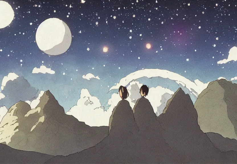 Image similar to a still from a studio ghibli film showing one giant grey ufo. in the background is machu pichu on a misty and starry night. by studio ghibli. very dull muted colors