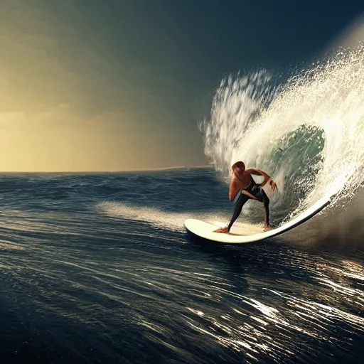 Image similar to A Surfer surfing Huge Barrels, concept art, digital art, 16k resolution, Photorealistic.