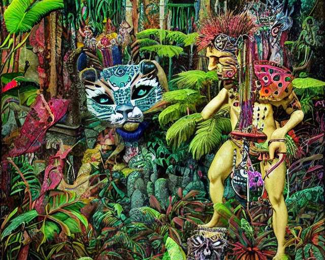 Prompt: surreal colorful nightmarish garden las pozas, mayan jaguar warrior, artwork by ralph bakshi