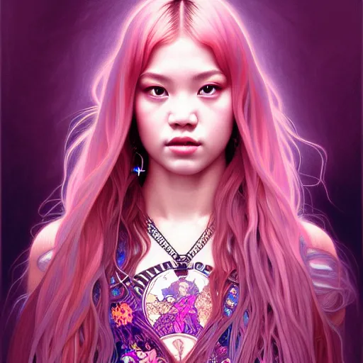 Image similar to portrait of jossi of blackpink, fractal goddess, highly detailed, digital painting, smooth, sharp focus, illustration, ultra realistic, 8 k, art by artgerm and alphonse mucha