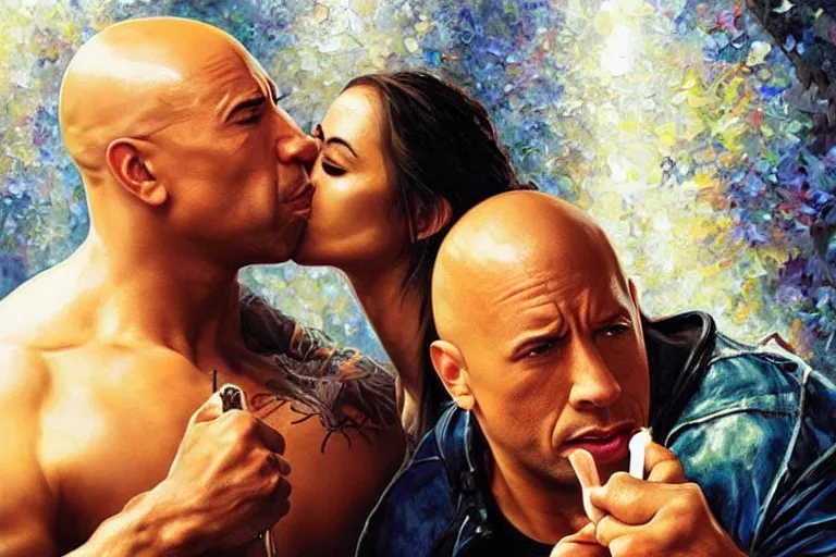 Image similar to portrait of vin diesel and dwayne the rock johnson sharing spaghetti noodle kiss, an oil painting by ross tran and thomas kincade