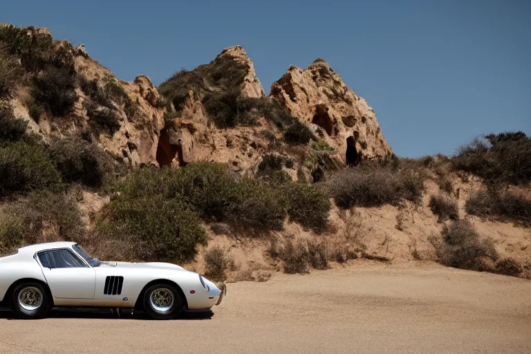 Prompt: cinematography of Ferrari 250 GTO series 2 on El Matador State Beach by Emmanuel Lubezki