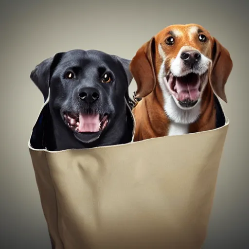 Image similar to 2 dogs in bag, photorealistic