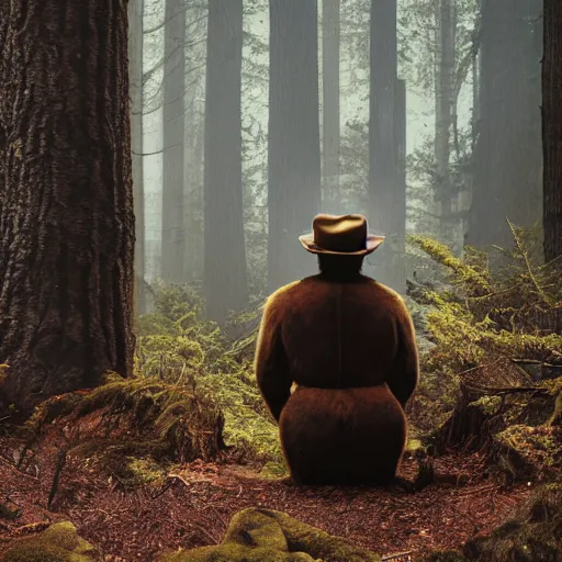 Image similar to UHD canndid photo of Smokey The Bear in the woods, sitting on the porcelain throne, by Annie leibowitz, photorealisitc, extremely detailed