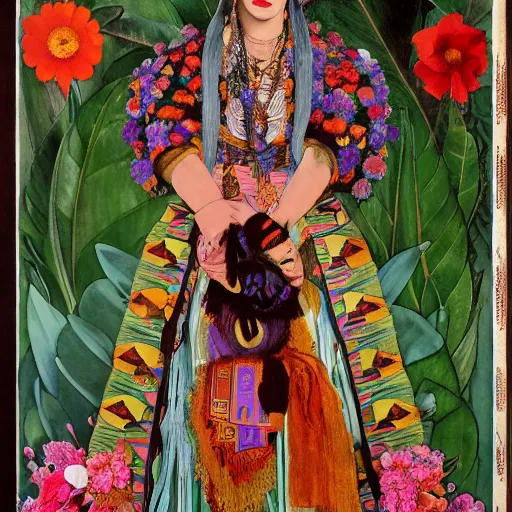 Prompt: frida kahlo dressed like an aztec empress surrounded by flowers, poster by alphons mucha