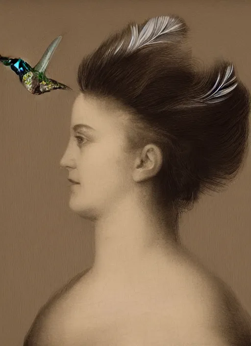 Image similar to a woman's face in profile, made of exotic hummingbird feathers, in the style of the Dutch masters and Gregory Crewdson, dark and moody