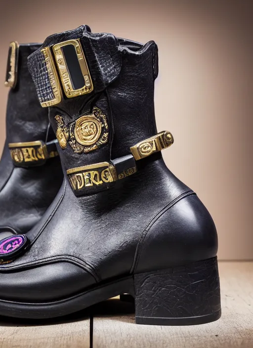 Image similar to hyperrealistic and heavy detailed product photo versace boot of judge dredd, in front of white back drop, whole shoe is in picture, leica sl 2 5 0 mm, vivid color, high quality, high textured, real life