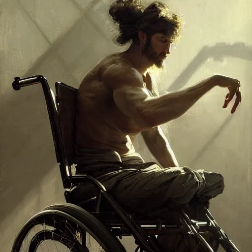 Image similar to handsome portrait of a wheelchair guy fitness posing, radiant light, caustics, war hero, one legged amputee, by gaston bussiere, bayard wu, greg rutkowski, giger, maxim verehin