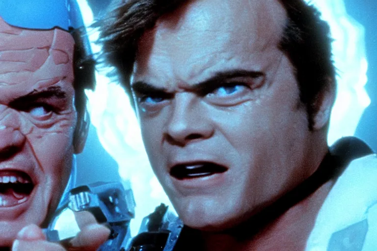 Prompt: Jack Nicholson plays Pikachu Terminator scene where his inner exoskeleton is visible and his eye glows red, still from the film