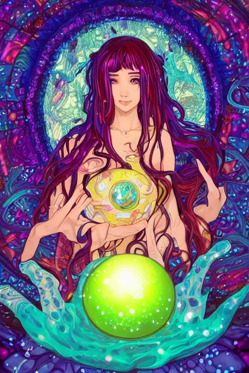 Image similar to psychedelic, acid trip, intricate, highly detailed, anime, 4k, beautiful seductive slime girl holding a huge orb containing the universe, with professional makeup, long trippy hair, surrounded by gems, underneath the stars, trending on patreon, deviantart, twitter, artstation, volumetric lighting, heavy contrast, by artgerm and Ilya Kuvshinov and alphonse mucha, interstellar galaxy