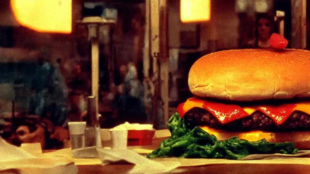 Image similar to the disdainful cheeseburger creature at the fast food place, film still from the movie directed by denis villeneuve and david cronenberg with art direction by salvador dali and zdzisław beksinski, wide lens