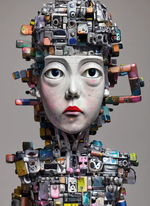 Image similar to professional art magazine photograph of a contemporary art sculpture of a modular quirky yorha android, by hikari shimoda, by jack gaughan