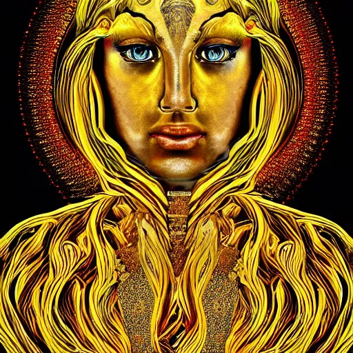 Image similar to cinematic photo of golden godess portrait in the style of Alex grey and davinci