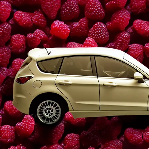 Prompt: a photo of ford hatchback made out of cream and raspberries as a photo in the style of richard kern