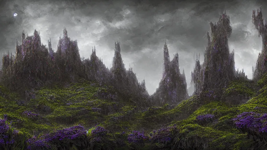 Prompt: a very dark and gloomy sky pierced by gnarly dark towers made of lavas on a ruin with moss, with tiny purple glowing butterflies, digital painting, sharp, by James Zapata