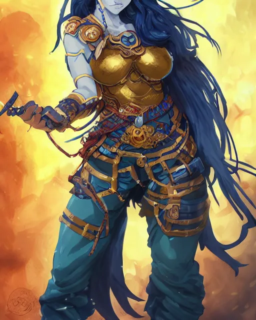 Image similar to An anime portrait of a beautiful D&D half-orc female with long wavy dark blue hair, bright orange eyes, intricate full body armour, fantasy soldier, by Stanley Artgerm Lau, WLOP, Rossdraws, James Jean, Andrei Riabovitchev, Marc Simonetti, and Sakimichan, highly detailed, ultra detailed, golden hour, trending on artstation, cgstudio