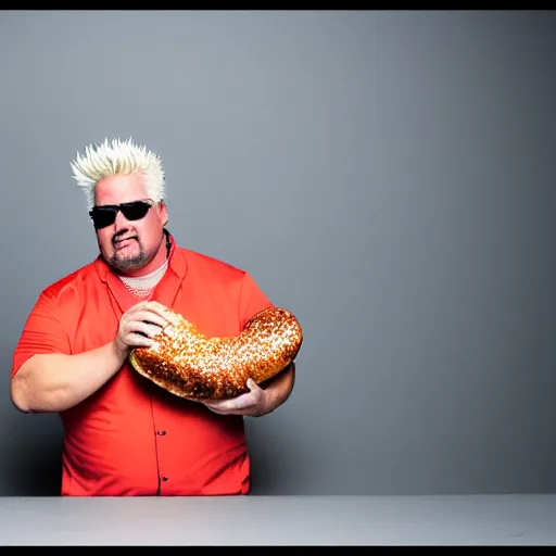 Image similar to guy fieri, studio lighting, the king of flavortown holds an infinite hot dog