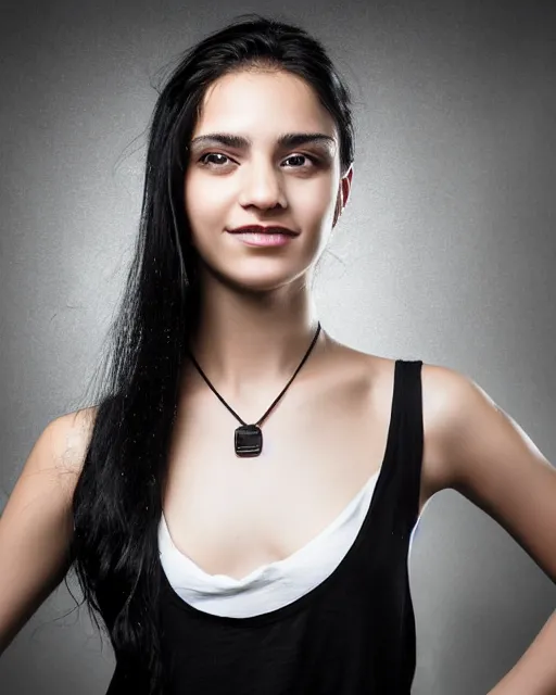 Prompt: a portrait of a beautiful Young female with long disheveled black hair, beautiful and smiling, sweet looks, white skin and reflective eyes, black tank top, black leather shiny jeans, an ankh necklace white colors in the background, by David Lazar and Annie Leibovitz 500px photos, top cinematic lighting , cinematic mood, very detailed, shot in canon 50mm f/1.2