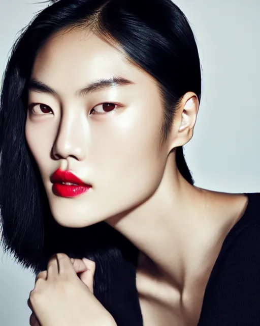 Image similar to photo portrait Liu Wen, beautiful face, faint red lips, slicked back hair, fashion photoshoot, cover girl, real-life skin, skin care, light makeup