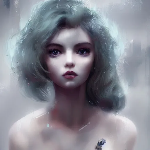 Image similar to a beautiful woman’s face shattered like a porcelaine doll, blurred dystopian city background, sad and dark atmosphere, trending on Artstation, Cgsociety, concept art