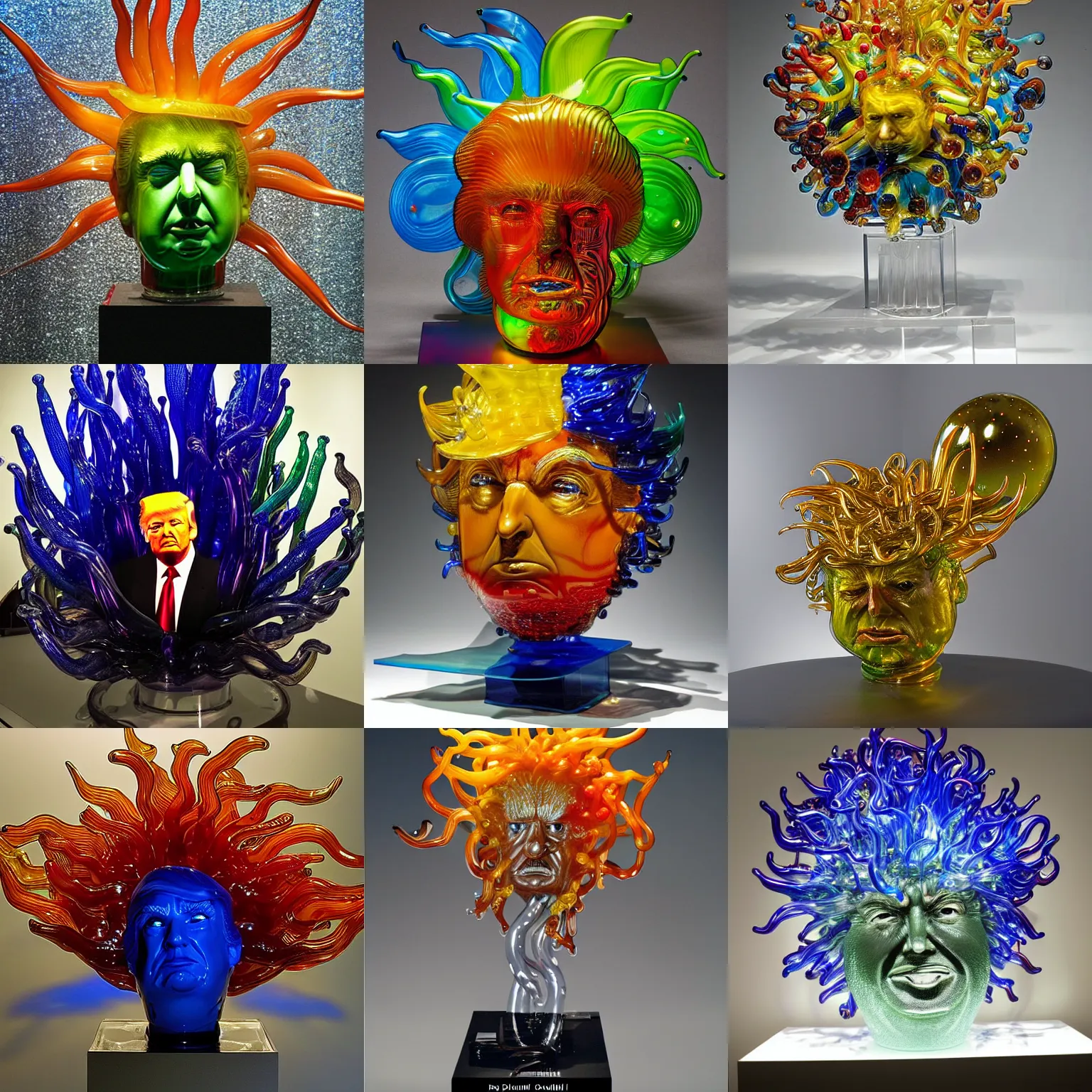 Prompt: glass sculpture of donald trump by dale chihuly