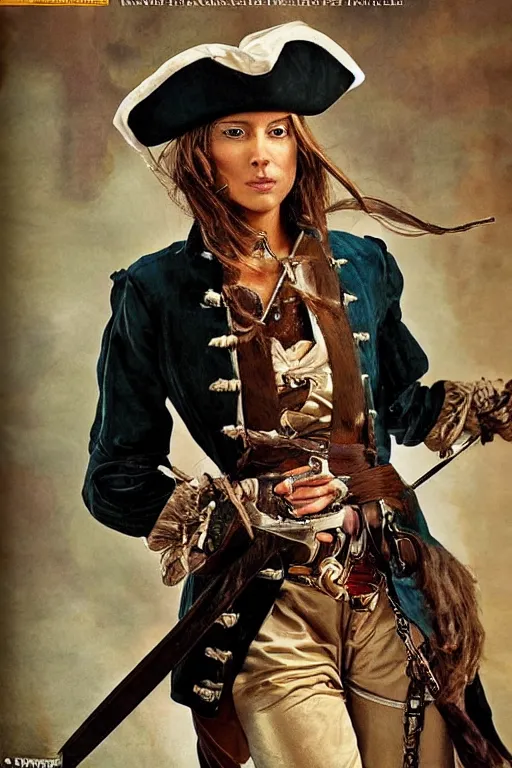 Prompt: a swashbuckling woman pirate portrait in national geographic, her clothing is sheer and futuristic, her skin color is iridescent