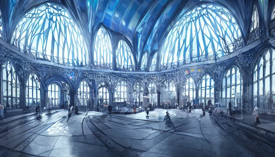 Image similar to futuristic neo - gothic london's church train station with blue windows and giant white dome on top, day, hyperdetailed, artstation, cgsociety, 8 k