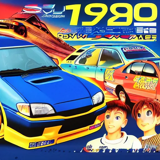 Prompt: playstation 1 cover art for a 9 0 s japanese racing game, a 1 9 9 5 subaru wrx sti, and a 1 9 9 8 honda civic are the cars on the box art.