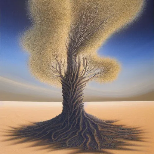 Image similar to a painting of a tree in the desert, a striking airbrush painting by breyten breytenbach, detailed sand pattern, cgsociety, neo - primitivism, airbrush art, dystopian art, apocalypse landscape