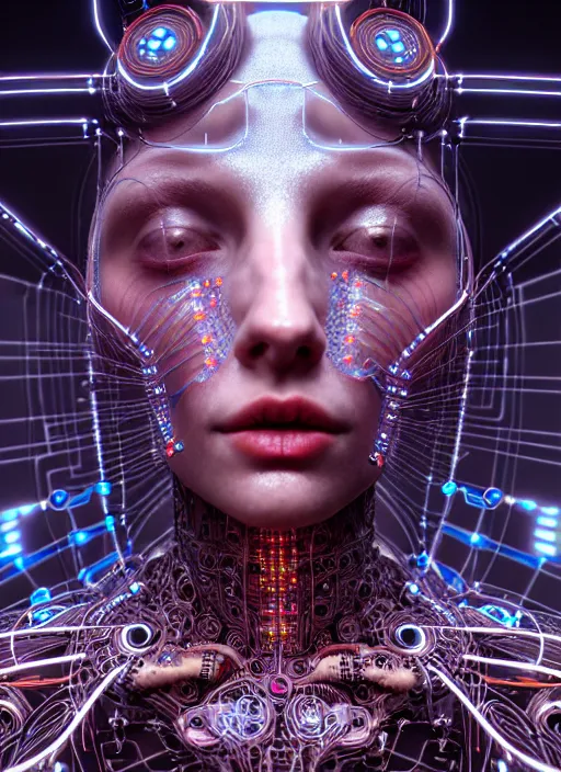 Image similar to timeless cybernetic deity girl with circuitry skin and networked mind tripping on acid, intricate detail, royo, whealan, giger, klimt, hd, octane render, unreal engine,