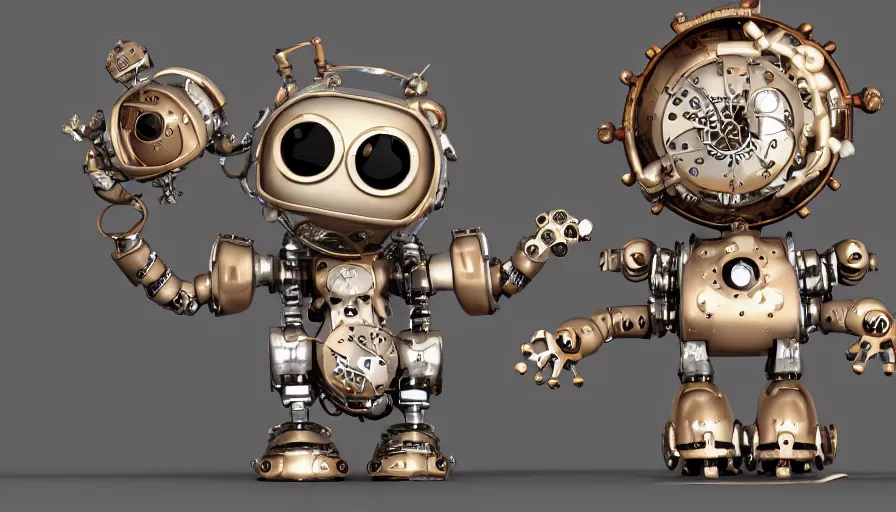 Image similar to two cute steampunk robots with souls and with dragon scales and large eyes smiling and waving, isolated on white background, 3D occlusion