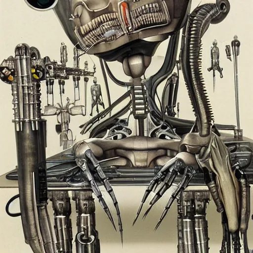 Prompt: a robot with a creepy smile laying on a surgeon's table performing an operation on itself, metal, intricate, by h. r. giger