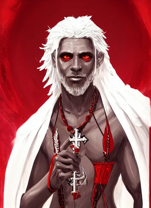 Image similar to a highly detailed illustration of sadistic white haired tanned african priest wearing white robe with red cross design, wielding divine bloody sword, evil smirk, gothic church background, intricate, elegant, highly detailed, centered, digital painting, artstation, concept art, smooth, sharp focus, league of legends concept art, wlop