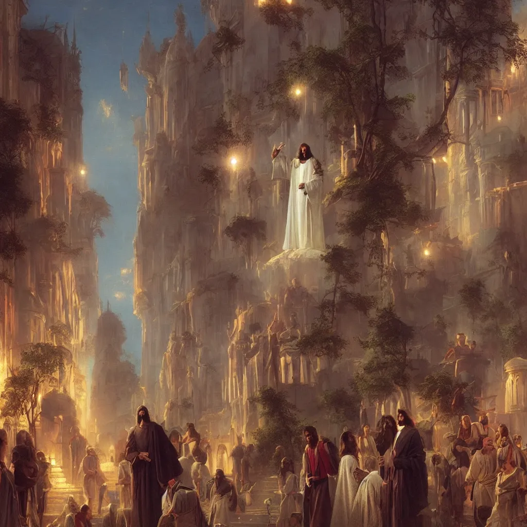 Image similar to jesus tours the streets of hollywood by raphael lacoste and pierre auguste cot and delphin enjolras and daniel f. gerhartz