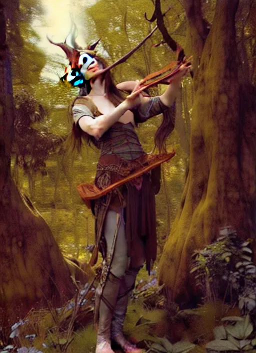 Image similar to forest elf bard playing lute, full body, hyper realistic, extremely detailed, dnd character art portrait, dark fantasy art, intricate fantasy painting, dramatic lighting, vivid colors, deviantart, artstation, by edgar maxence and caravaggio and michael whelan and delacroix.