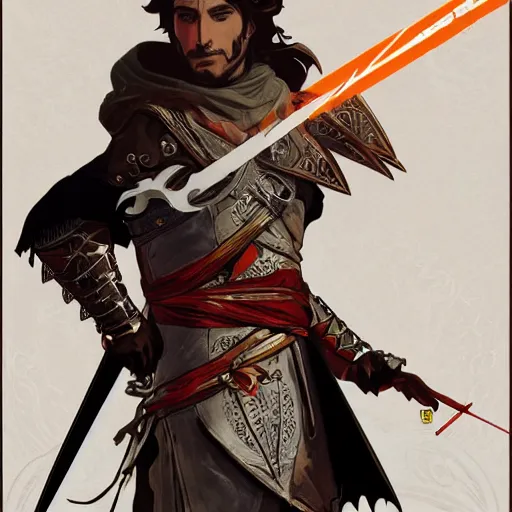 Image similar to an ultra detailed vector image of solaire of astora dressed as ezio auditore, concept art by alphonse mucha and greg rutkowski, praise the blood moon, octane render, liminal space