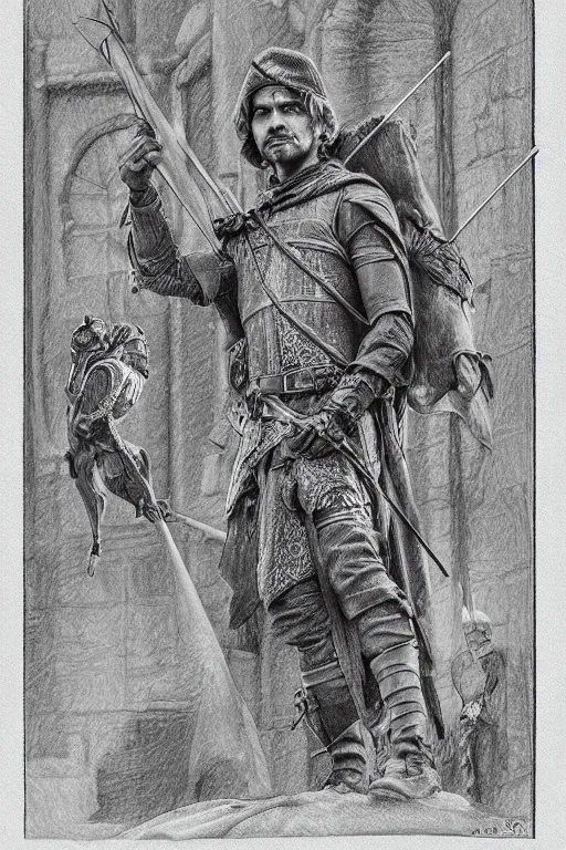 Image similar to intricate pencil sketch of rishi sunak as robin hood collectin takes from the poor, 8 k octane beautifully detailed render