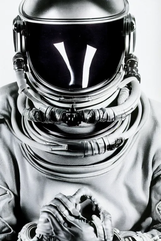 Image similar to extremely detailed studio portrait of space astronaut, alien tentacle protruding from eyes and mouth, slimy tentacle breaking through helmet visor, shattered visor, full body, soft light, plain studio background, disturbing, shocking realization, award winning photo by philippe halsman