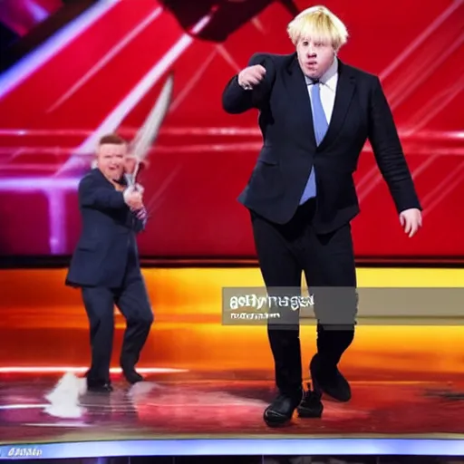 Image similar to boris johnson singing on americas got talent with a microphone | tomatoes and anchors being thrown 4 k photograph
