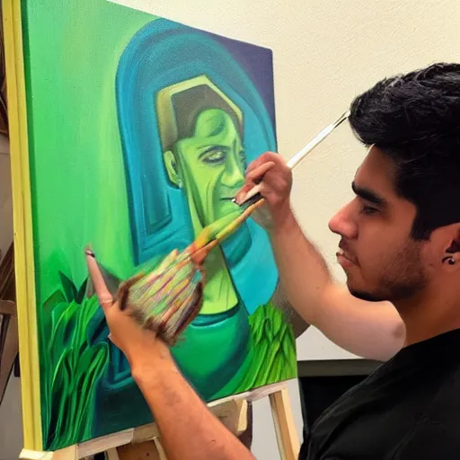 Image similar to A young male Latino artist painting a plain green picture on canvas