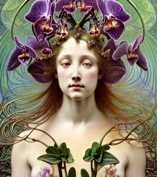 Prompt: beautiful orchid fairy detailed realistic porcelain face portrait by jean delville, gustave dore, iris van herpen and alphonse mucha, art forms of nature by ernst haeckel, art nouveau, symbolist, visionary, gothic, neo - gothic, pre - raphaelite, fractal lace, intricate alien botanical biodiversity, surreality, hyperdetailed ultrasharp octane render