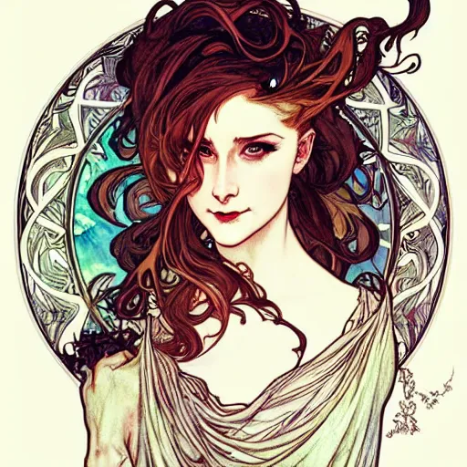Image similar to in the style of artgerm, arthur rackham, alphonse mucha, evan rachel wood, symmetrical eyes, symmetrical face, flowing white dress, hair blowing, intricate filagree, warm colors, cool offset colors