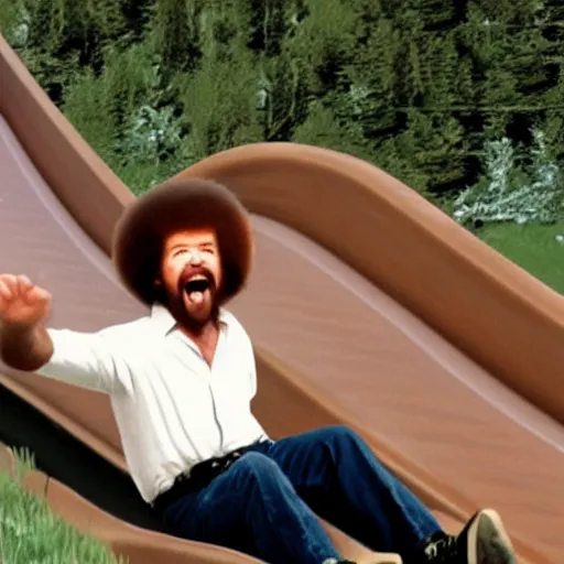 Prompt: bob ross sliding down a giant slide and screaming