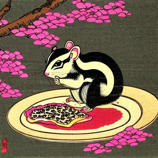 Image similar to japanese edo period woodblock print of a chipmunk eating pizza with pink blossoming cherry trees in the background, art by greg rutkowski and yoji shinkawa and akira toriyama